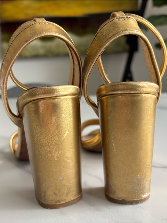 Sandro Metallic Gold Ankle-Strap Block Heel Sandals Sz 37 - Picture 3 of 9